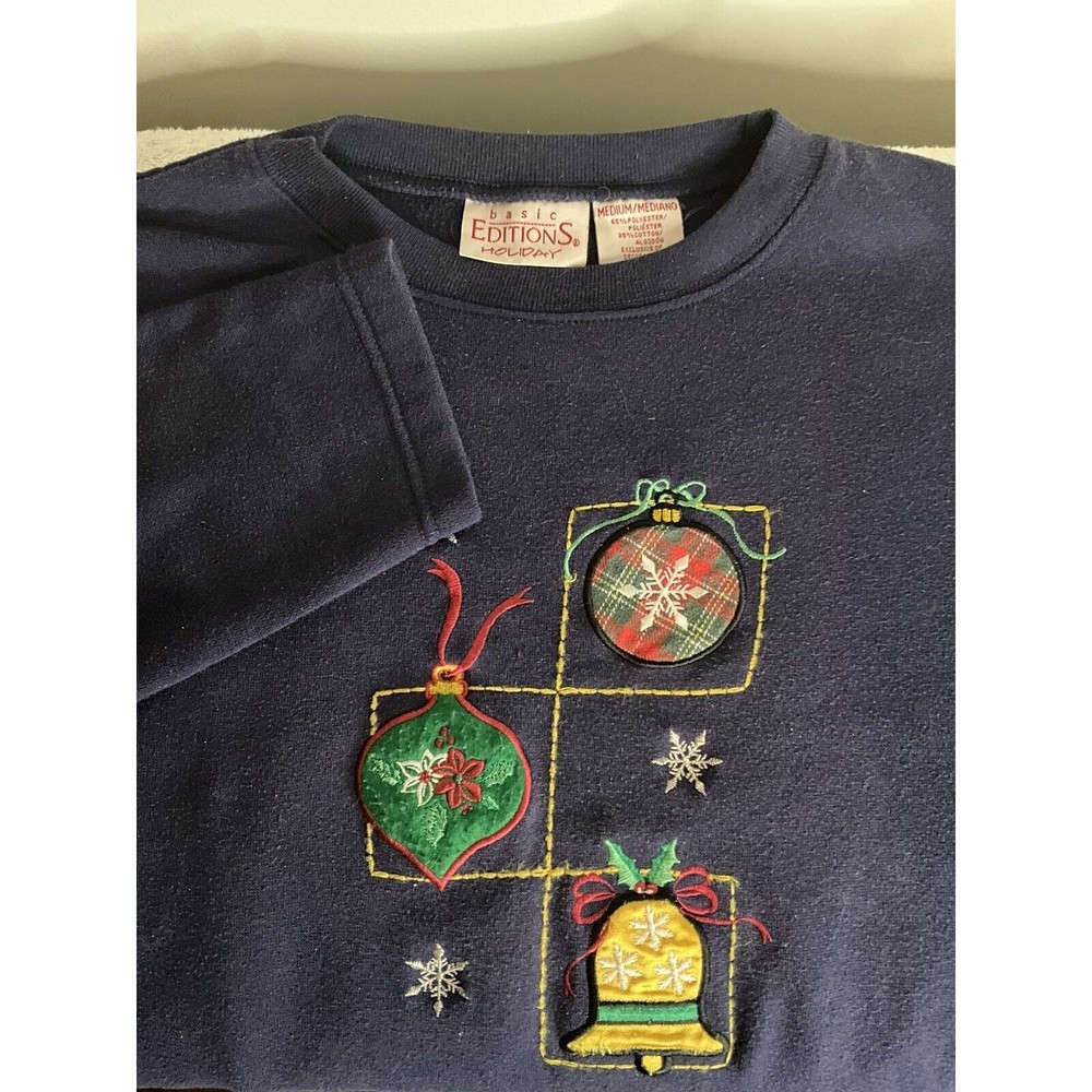 Vintage Embroidered Christmas Ornaments Crewneck Sweatshirt Blue M